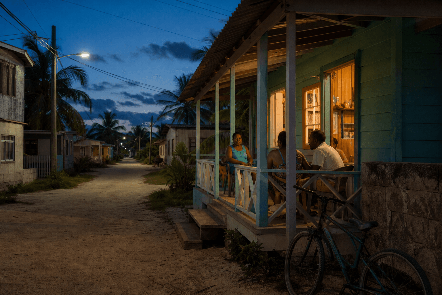 Neighbors on a porch in a Belize coastal town as evening lights come on