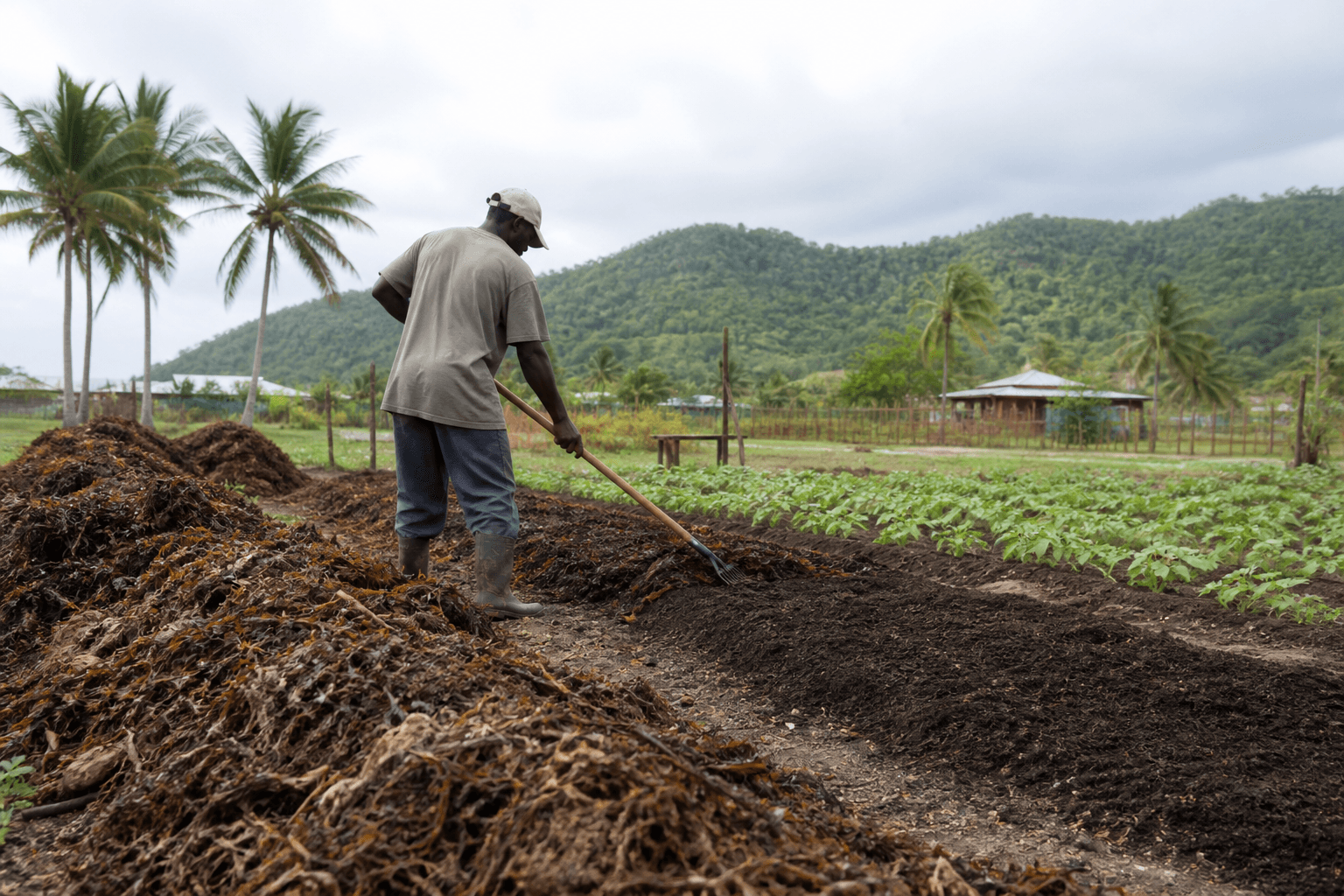 A Belize farmer spreading composted sargassum onto a coastal vegetable plot