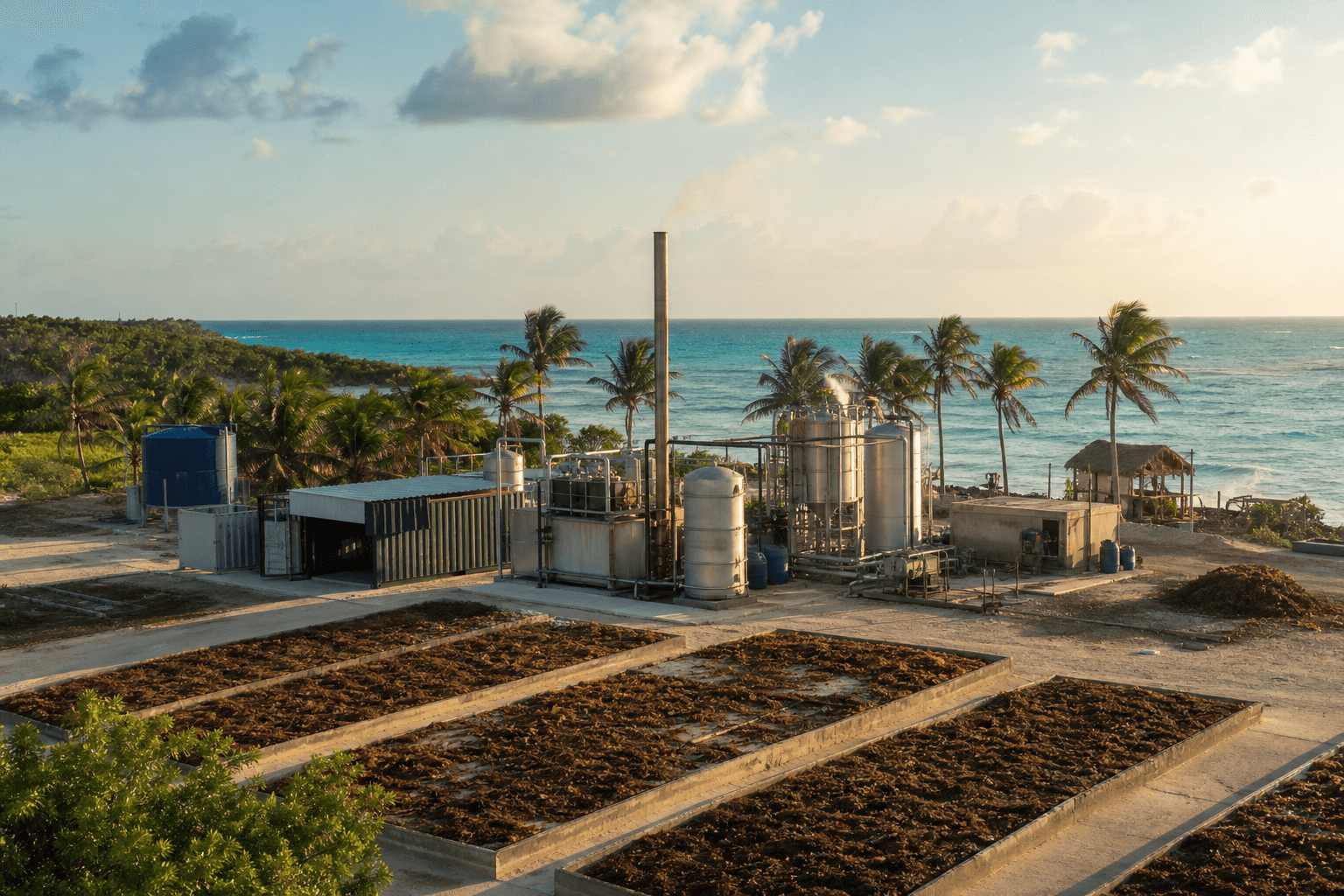 A coastal waste-to-energy yard in Belize with sargassum drying beds beside the sea