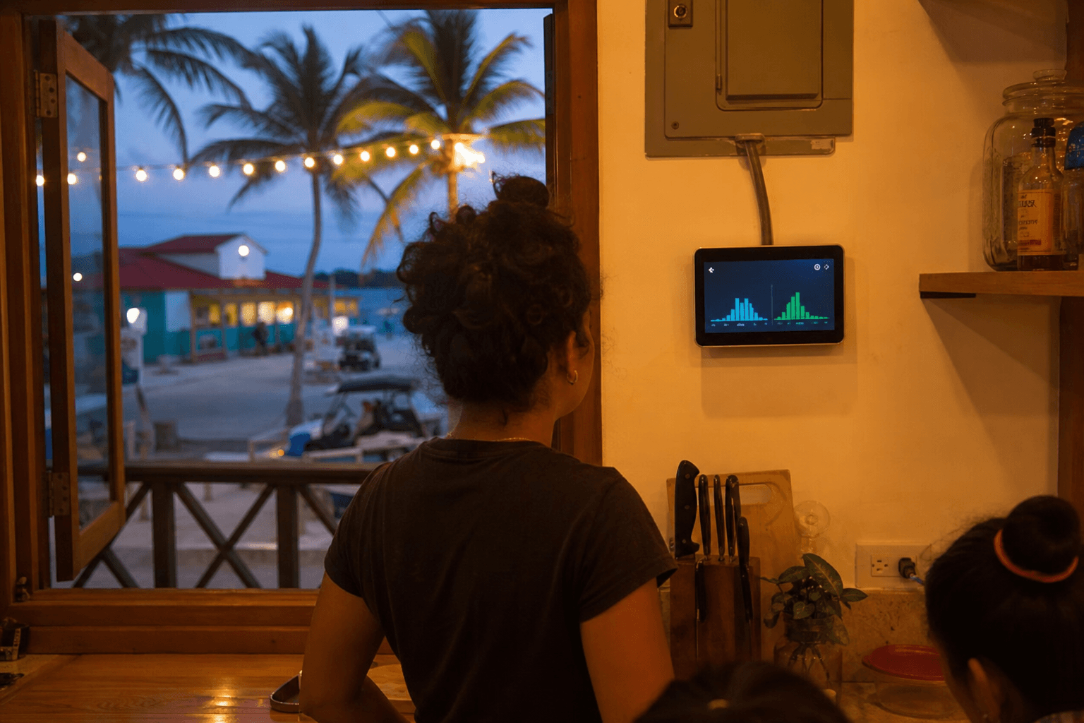 A Belize home checking a behind-the-meter electricity forecast at dusk