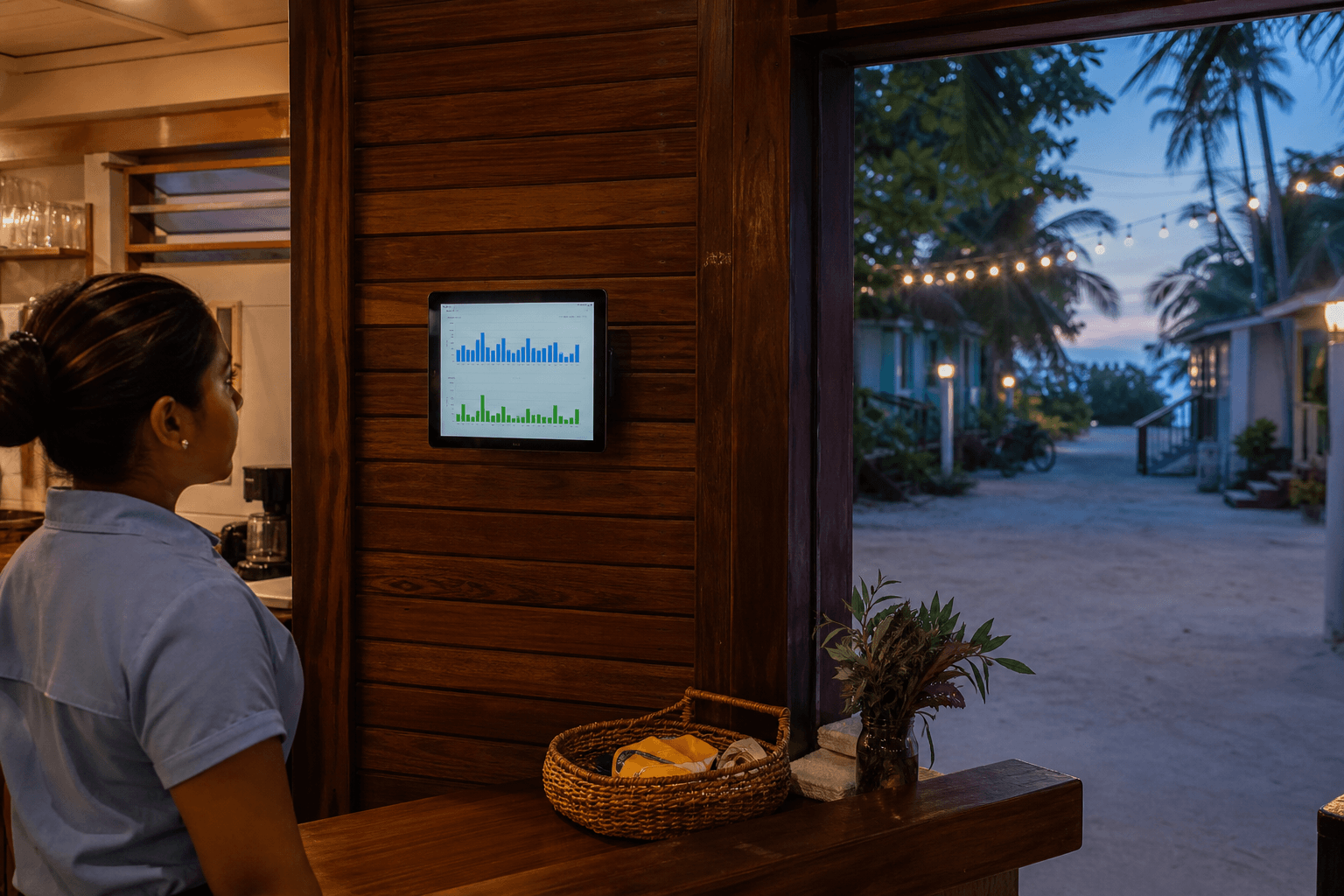 A Belize hotel kitchen with a wall tablet showing an electricity forecast at dusk