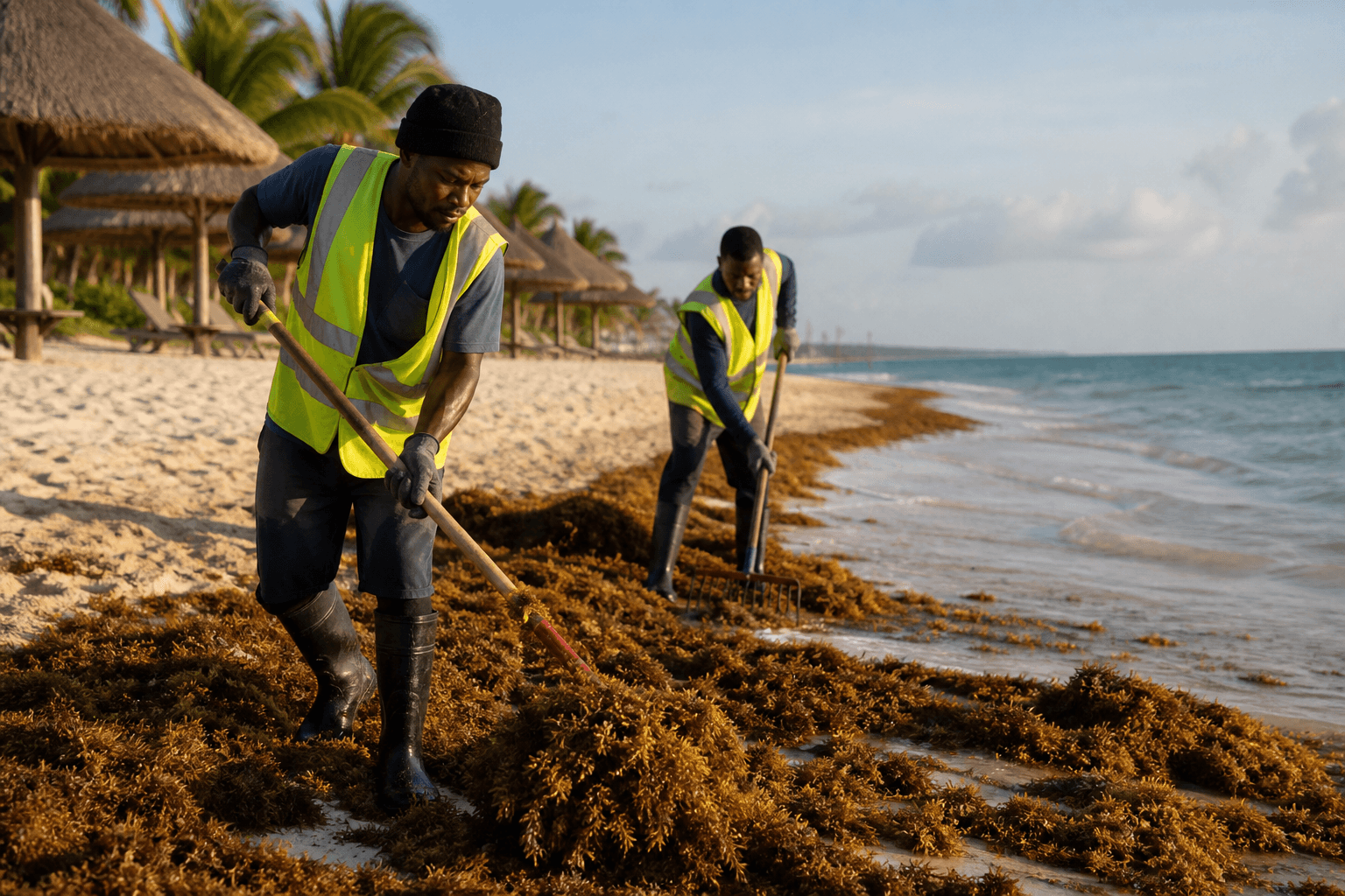 Workers raking thick sargassum off a Belize beach at dawn