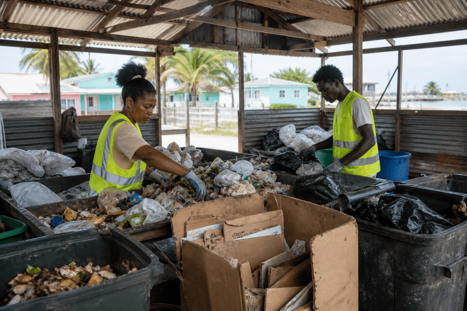 Workers sorting household waste in an open shed in a Belize coastal town