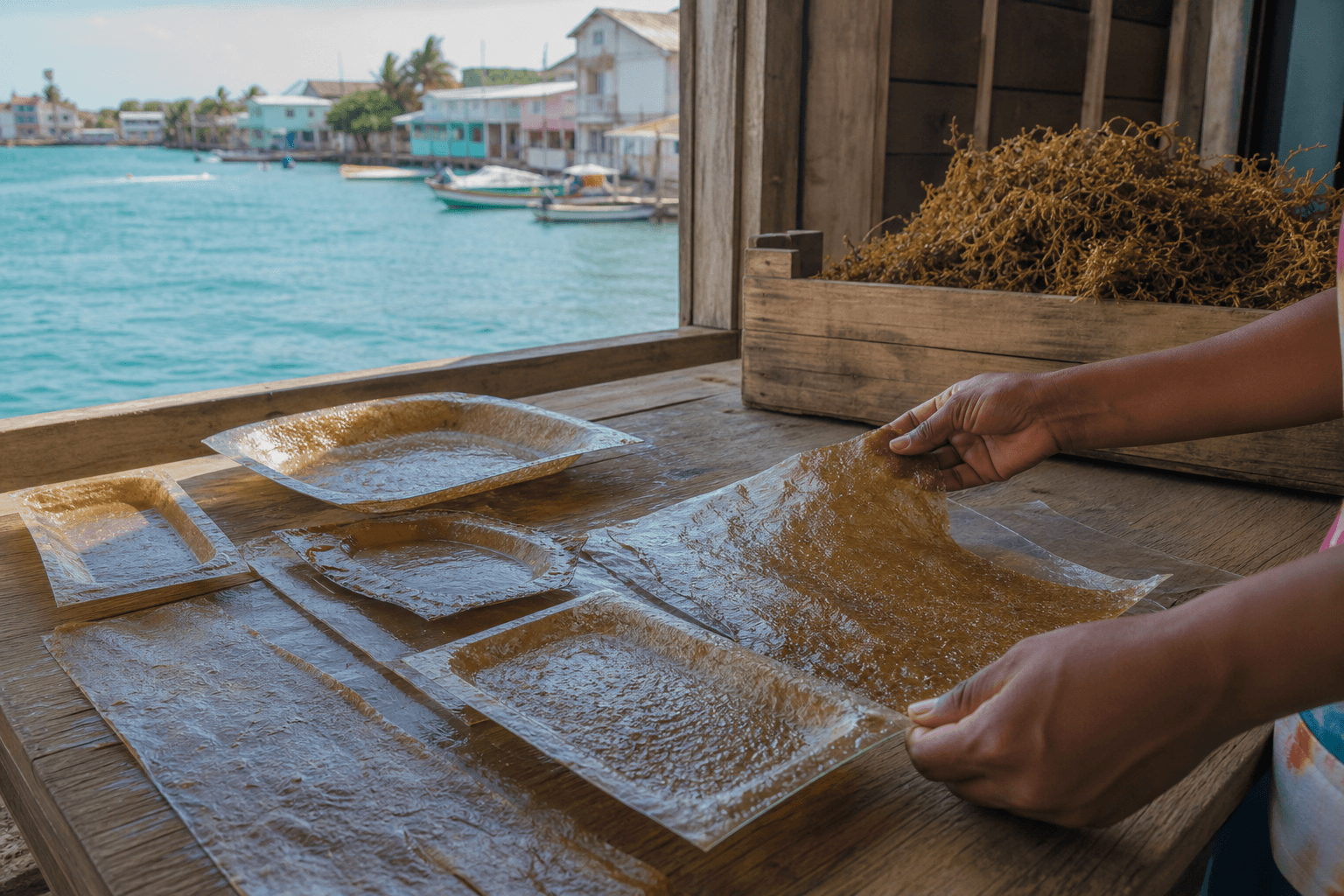 Amber seaweed bioplastic sheets on a workshop table beside a Belize harbor